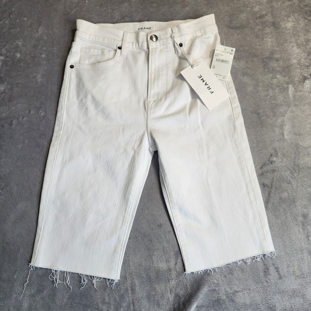 New FRAME Le Vintage Bermuda Shorts White Denim High Waist Raw Hem NWT Size 24
